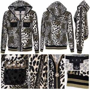 AZI Leopard Rhinestone Zip Up Hoodie L Embellished Y2K Glam Animal Print Jacket